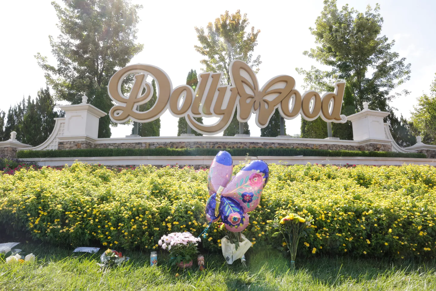 Dolly Parton standing in front of Dollywood