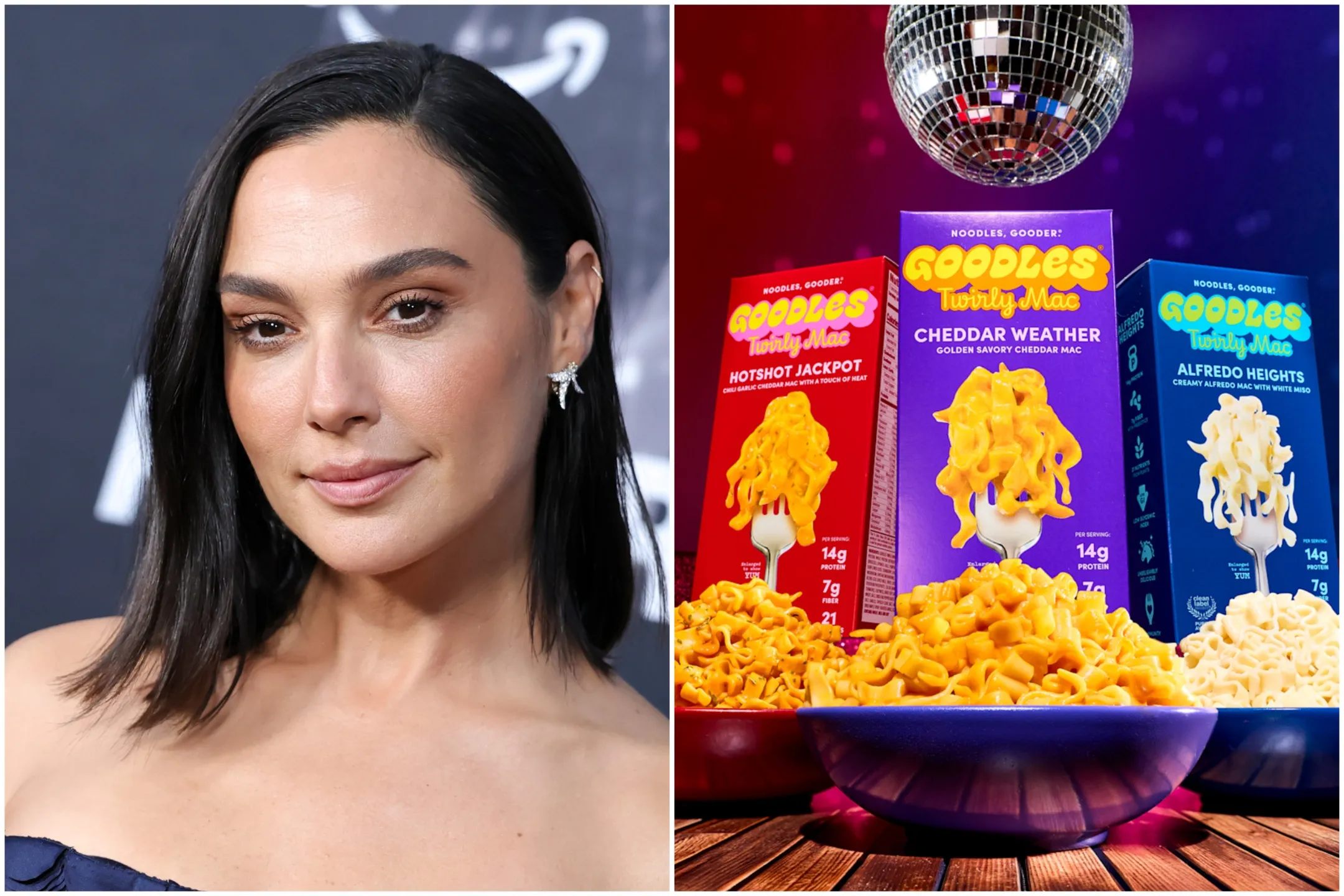 Gal Gadot with Goodles mac and cheese products