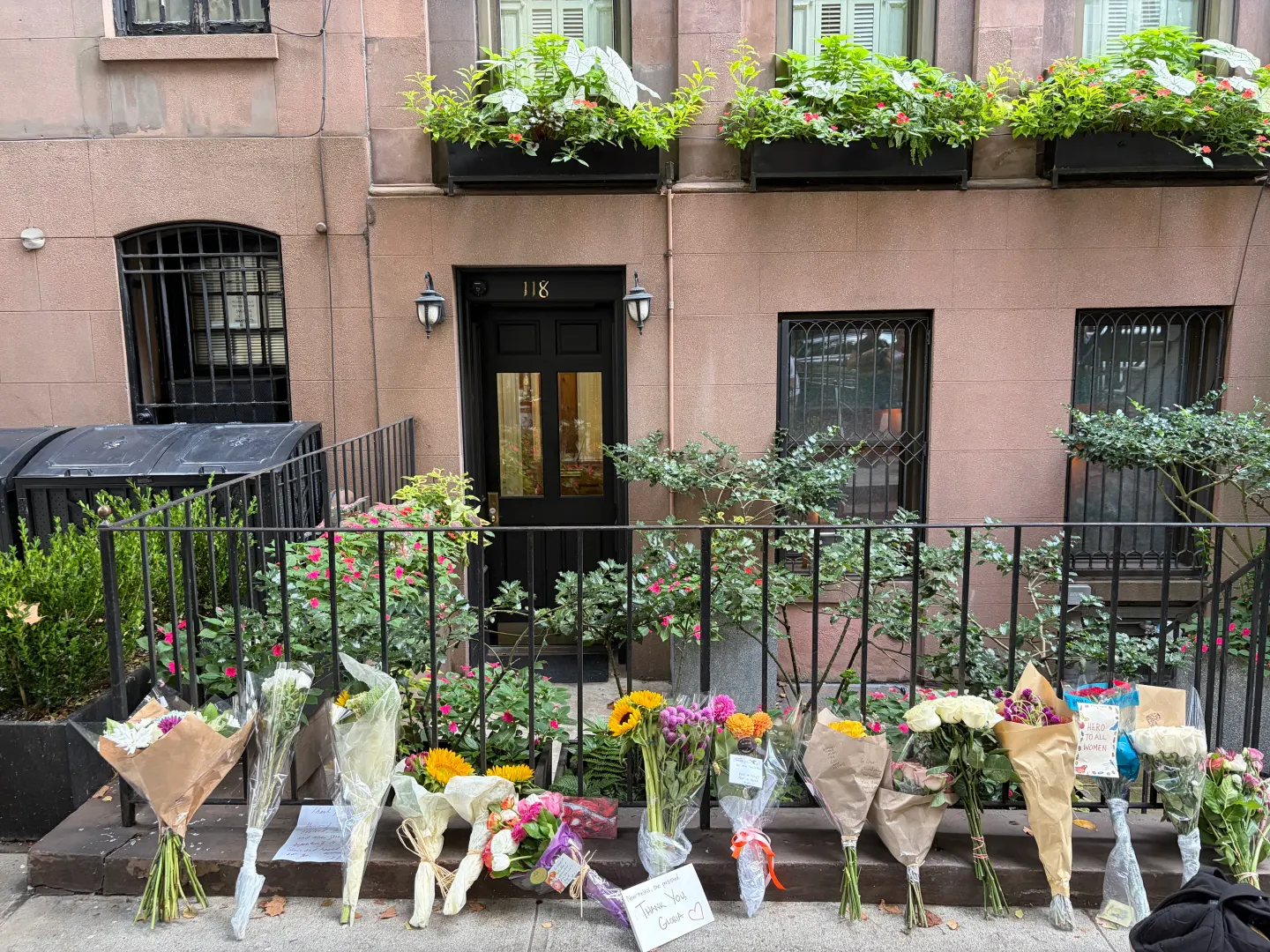 Memorial flowers outside Gloria Steinem's home