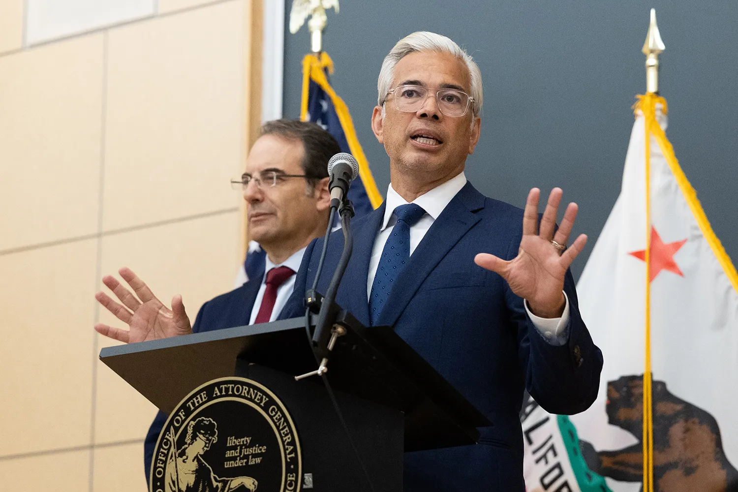 Rob Bonta speaking at a press conference