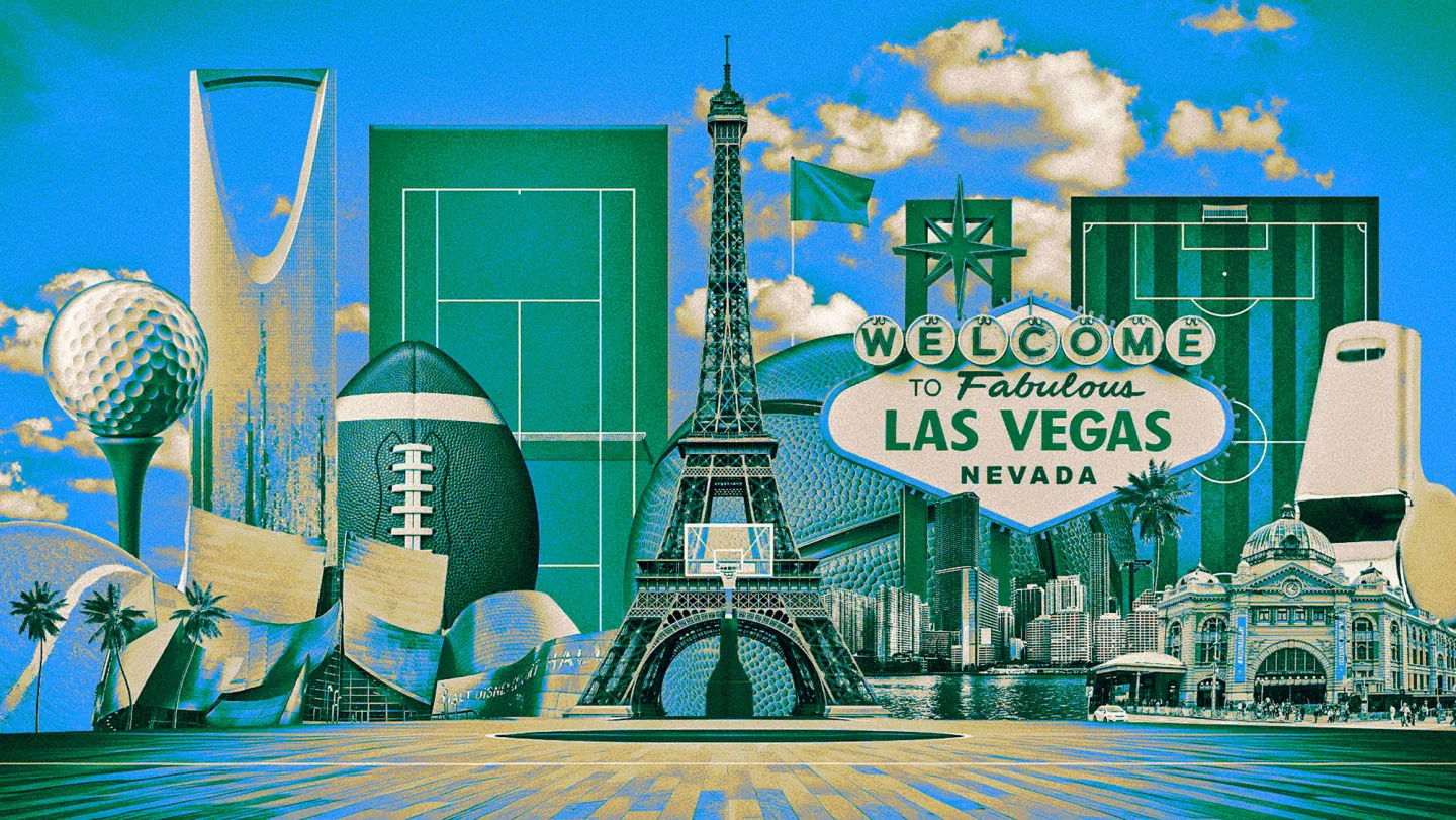 A skyline of major sports cities competing to become the next sports mecca