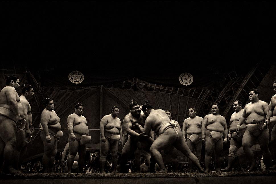 Sumo wrestlers in training
